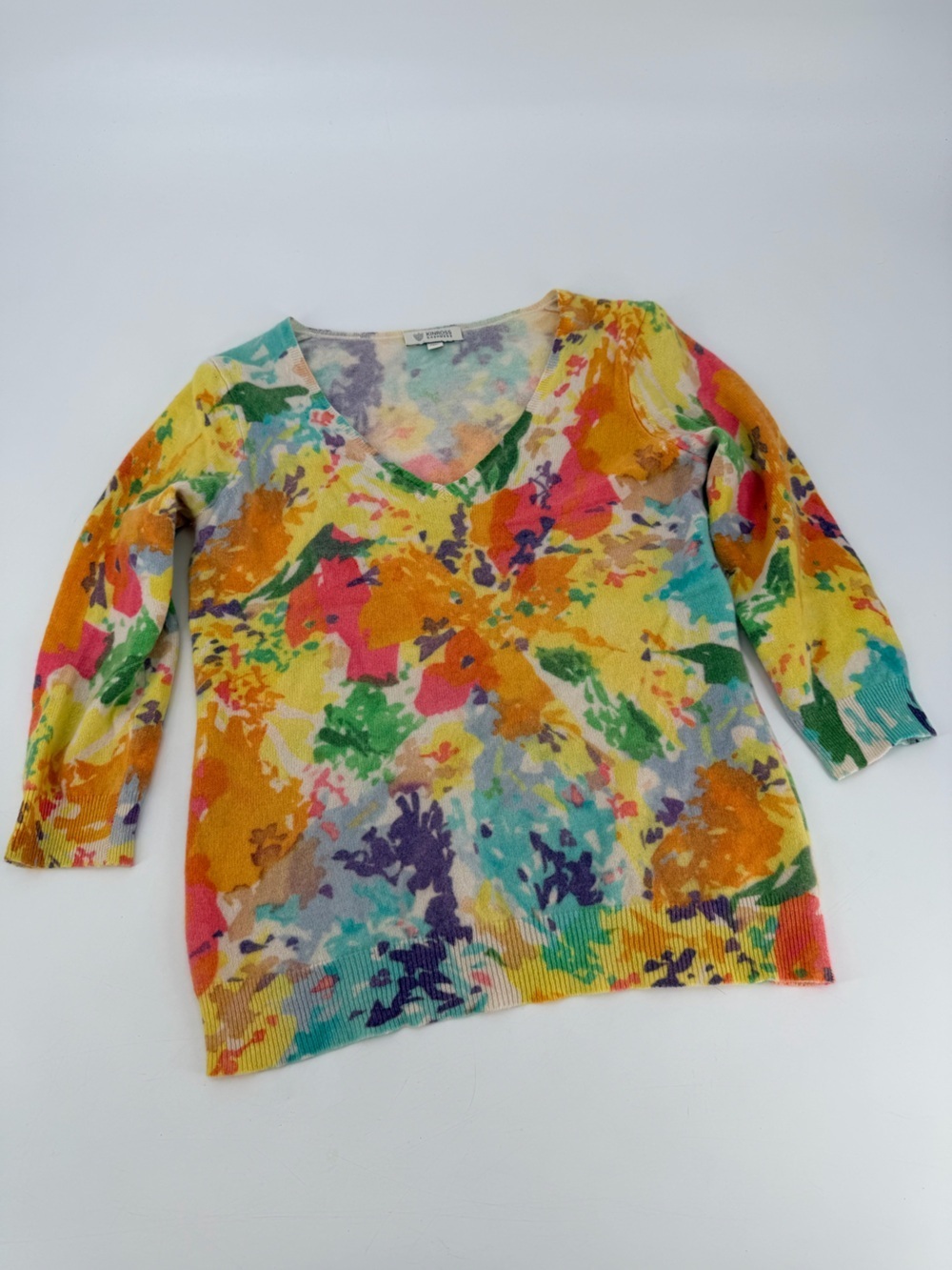 Kinross Cashmere Floral Quarter Sleeve Sweater Medium